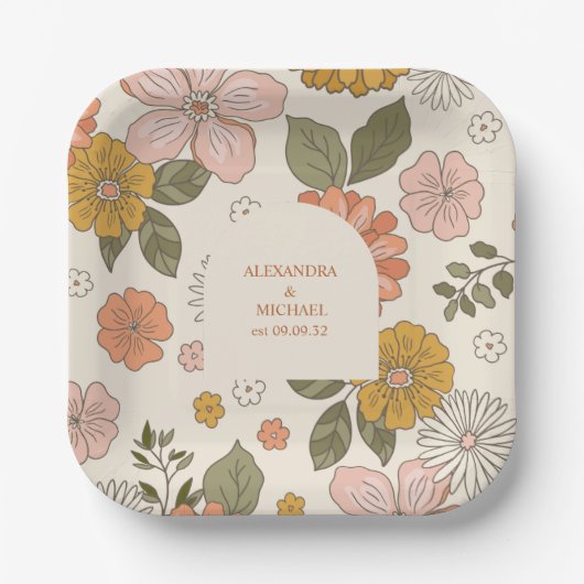 Retro Groovy 70er Themed Mutes Hochzeit Pappteller (Vorderseite)