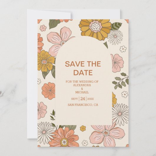 Retro Groovy 70er Themed Mutes Hochzeit Save The Date (Vorderseite)