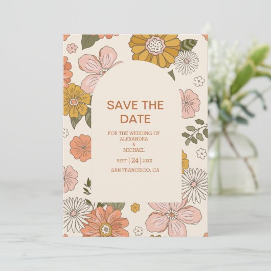 Retro Groovy 70er Themed Mutes Hochzeit Save The Date (Stehend Vorderseite)