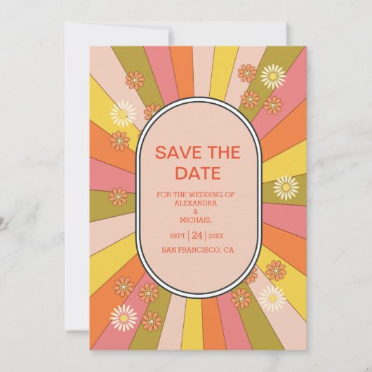 Retro Groovy 70er Themed Mutes Hochzeit Save The Date (Vorderseite)