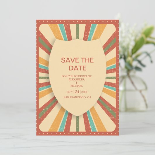 Retro Groovy 70er Themed Mutes Hochzeit Save The Date (Stehend Vorderseite)