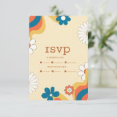 Retro Groovy 70er Themed Mutes Tones Wedding RSVP (Stehend Vorderseite)
