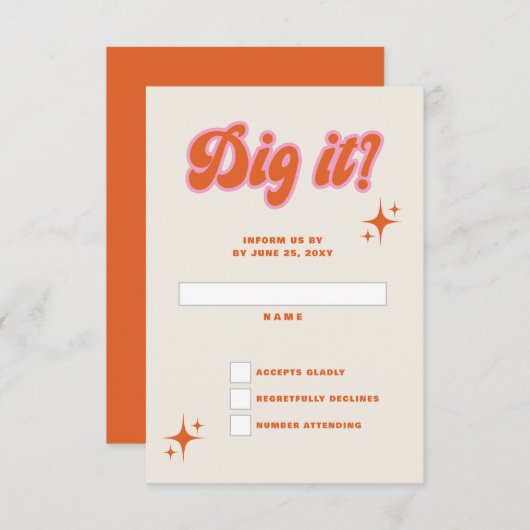Retro Groovy 70s Cute Ivory Orange Pink Wedding RSVP Karte (Vorne/Hinten)