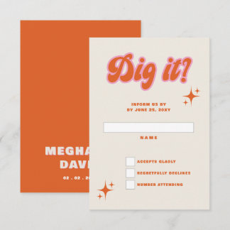 Retro Groovy 70s Cute Ivory Orange Pink Wedding RSVP Karte