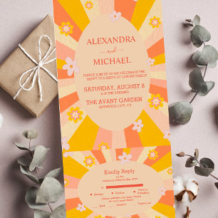 Retro Groovy 70's Themed Orange Gelbe Hochzeit All In One Einladung