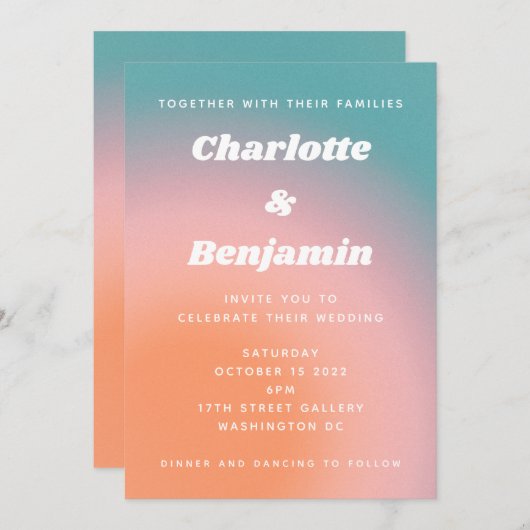 Retro Groovy Aquamarin Pink Orange Abstrakte Hochz Einladung (Vorne/Hinten)