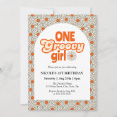 Retro Groovy Arch Bright Orange Daisy 1. Geburtsta Einladung (Vorderseite)