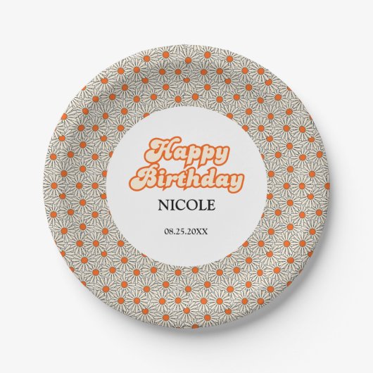 Retro Groovy Arch Bright Orange Daisy Birthday Pappteller (Vorderseite)
