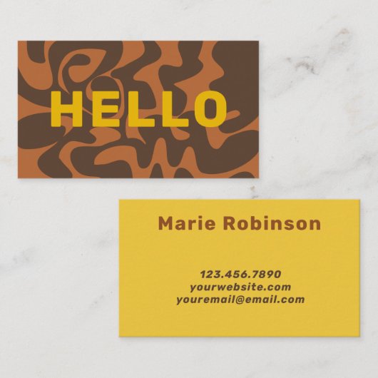 Retro Groovy Art Hello Mustard Yellow Brown Tan Visitenkarte (Vorne/Hinten)