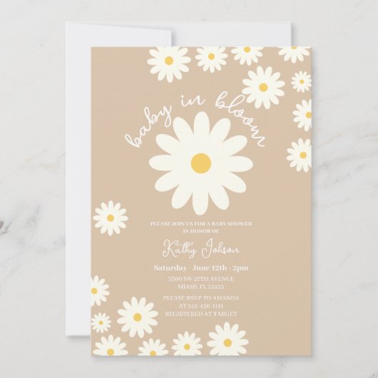 Retro Groovy Beige Daisy Baby in Blütendusche Einladung (Vorderseite)