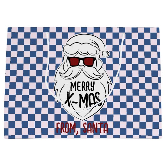 Retro Groovy Blue Checkered Santa Claus Christmas  Große Geschenktüte (Vorderseite)