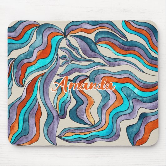 Retro Groovy Blue Orange Lila Wavy-Script-Name Mousepad (Vorne)
