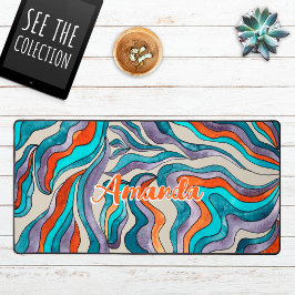 Retro Groovy Blue Orange Lila Wavy-Script-Name Schreibtischunterlage