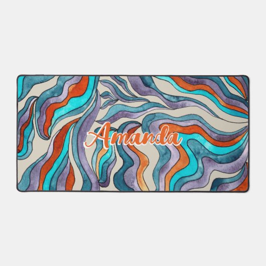 Retro Groovy Blue Orange Lila Wavy-Script-Name Schreibtischunterlage (Vorderseite)