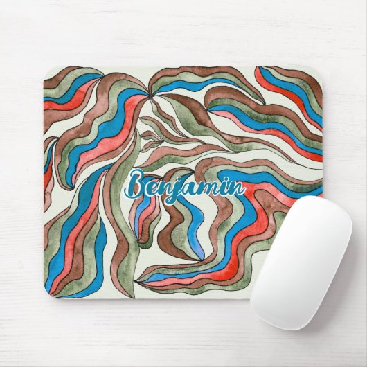 Retro Groovy Blue Red Green Wavy Script Name Mousepad (Mit Mouse)