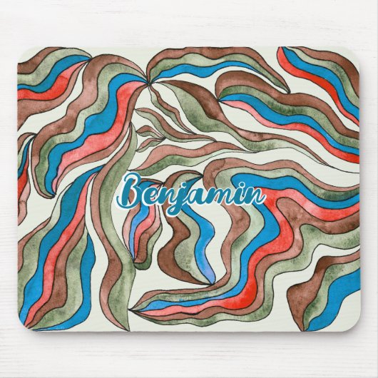Retro Groovy Blue Red Green Wavy Script Name Mousepad (Vorne)