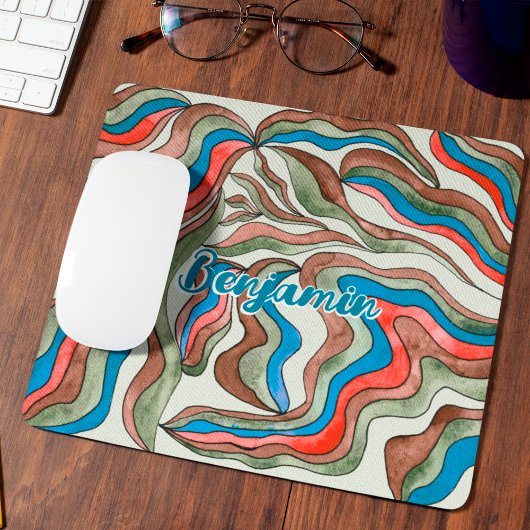 Retro Groovy Blue Red Green Wavy Script Name Mousepad