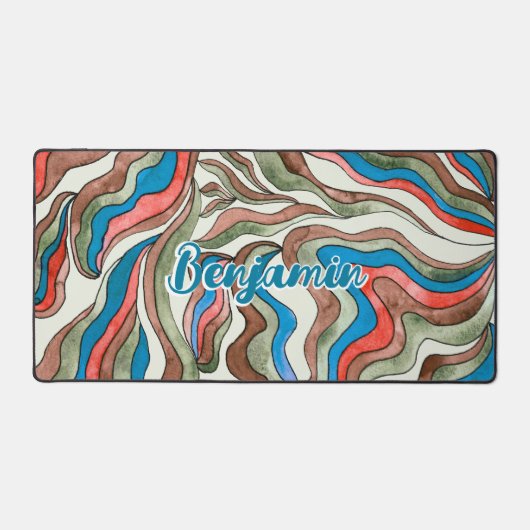 Retro Groovy Blue Red Green Wavy Script Name Schreibtischunterlage (Vorderseite)