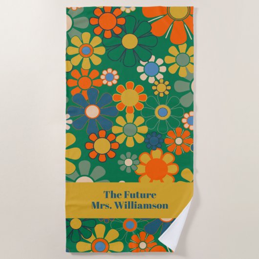 Retro Groovy Blume 60er 70er Floral Pattern Bride Strandtuch (Vorderseite)