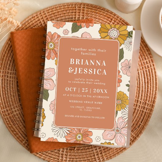 Retro Groovy Blume Muster Foto Monogram Wedding Einladung