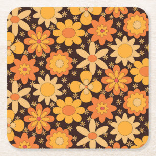 Retro Groovy Blumenmuster Gelb und Orange Rechteckiger Pappuntersetzer