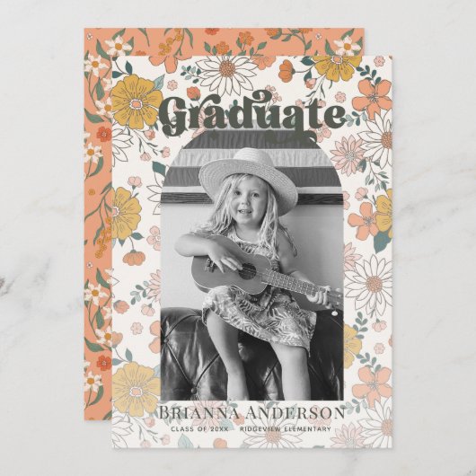 Retro Groovy Blumenstrauß Foto Kinder Abschluss Einladung (Vorne/Hinten)