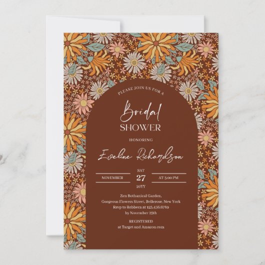 Retro Groovy boho arch crimson rosa Blume Einladung (Vorderseite)