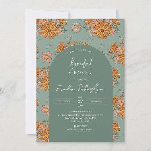 Retro groovy boho arch dusty grün orange gelb einladung (Vorderseite)