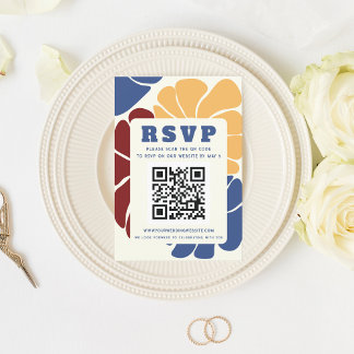 Retro Groovy Boho Chic Floral Wedding QR CODE RSVP Karte