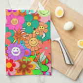 Retro Groovy Boho Hippie Blume Geschirrtuch (Viertel Falte)