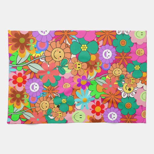Retro Groovy Boho Hippie Blume Geschirrtuch (Horizontal)