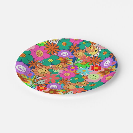 Retro Groovy Boho Hippie Blume Pappteller (Schrägansicht)