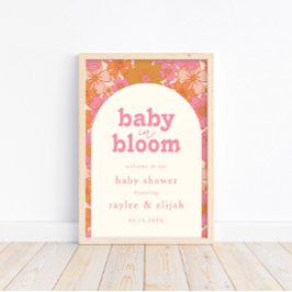 Retro Groovy Boho Pink Baby in Bloom Begrüßungszei Poster