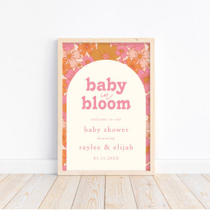 Retro Groovy Boho Pink Baby in Bloom Begrüßungszei Poster