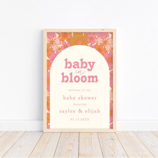 Retro Groovy Boho Pink Baby in Bloom Begrüßungszei Poster