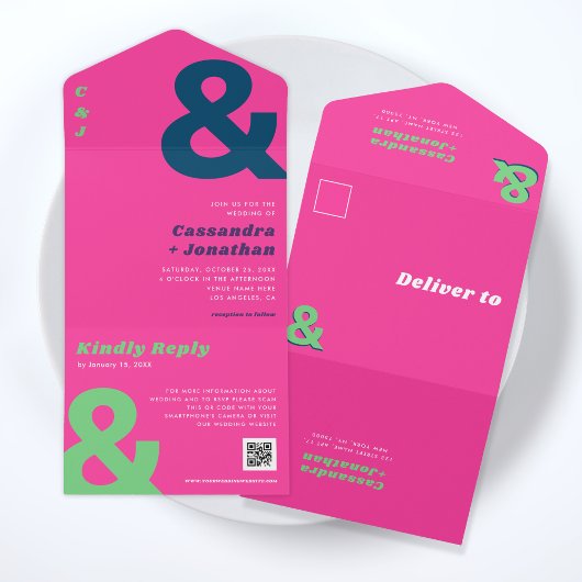 Retro Groovy Bold Bright Ampersand QR Code Wedding All In One Einladung