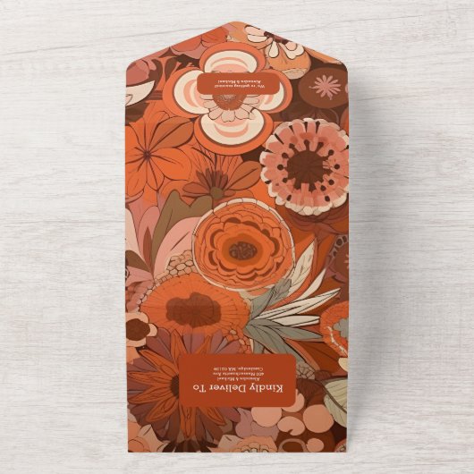 Retro Groovy brennen orange Blumenhochzeit All In One Einladung (Außenbereich)