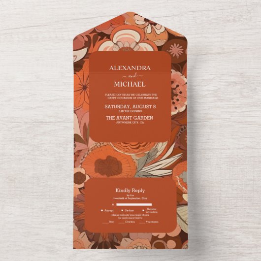 Retro Groovy brennen orange Blumenhochzeit All In One Einladung (Innen Boden)