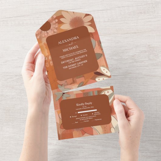 Retro Groovy brennen orange Blumenhochzeit All In One Einladung (Abreißen)