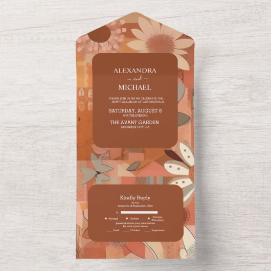 Retro Groovy brennen orange Blumenhochzeit All In One Einladung (Innen Boden)