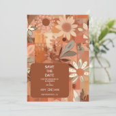 Retro Groovy brennen orange Blumenhochzeit Save The Date (Stehend Vorderseite)
