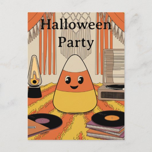 Retro, Groovy Candy Corn Halloween-Party Einladung Postkarte (Vorderseite)