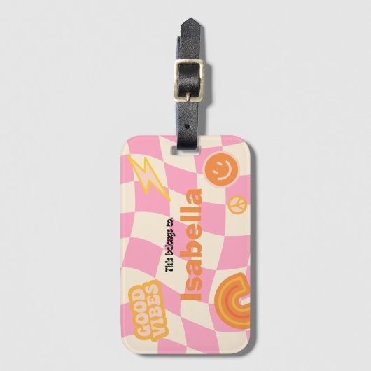 Retro Groovy Checkerboard Anpassbarer Name Gepäckanhänger (Vorderseite Vertikal)