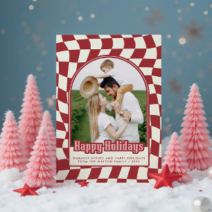 Retro Groovy Checkered Happy Holidays Foto Feiertagspostkarte