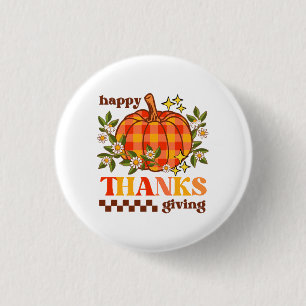 Retro Groovy Checkered Pumpkin Daisy Erntedank Button