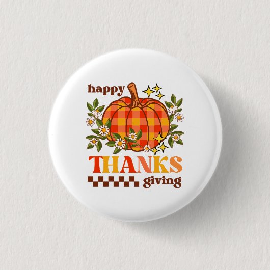 Retro Groovy Checkered Pumpkin Daisy Erntedank Button (Vorderseite)