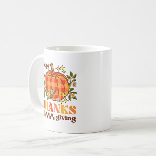 Retro Groovy Checkered Pumpkin Daisy Erntedank Kaffeetasse (Vorderseite Links)