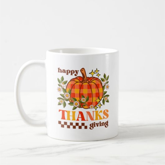 Retro Groovy Checkered Pumpkin Daisy Erntedank Kaffeetasse (Links)