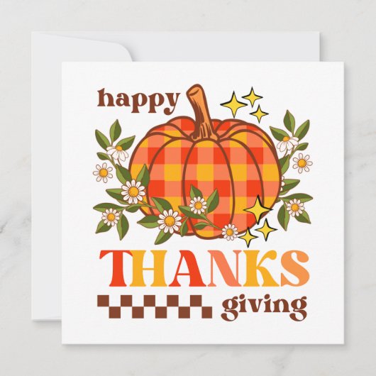 Retro Groovy Checkered Pumpkin Daisy Erntedank Karte (Vorderseite)