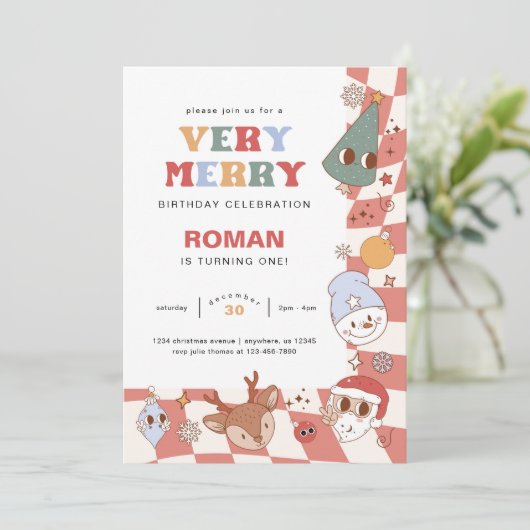 Retro Groovy Christmas Geburtstag Einladung (Stehend Vorderseite)